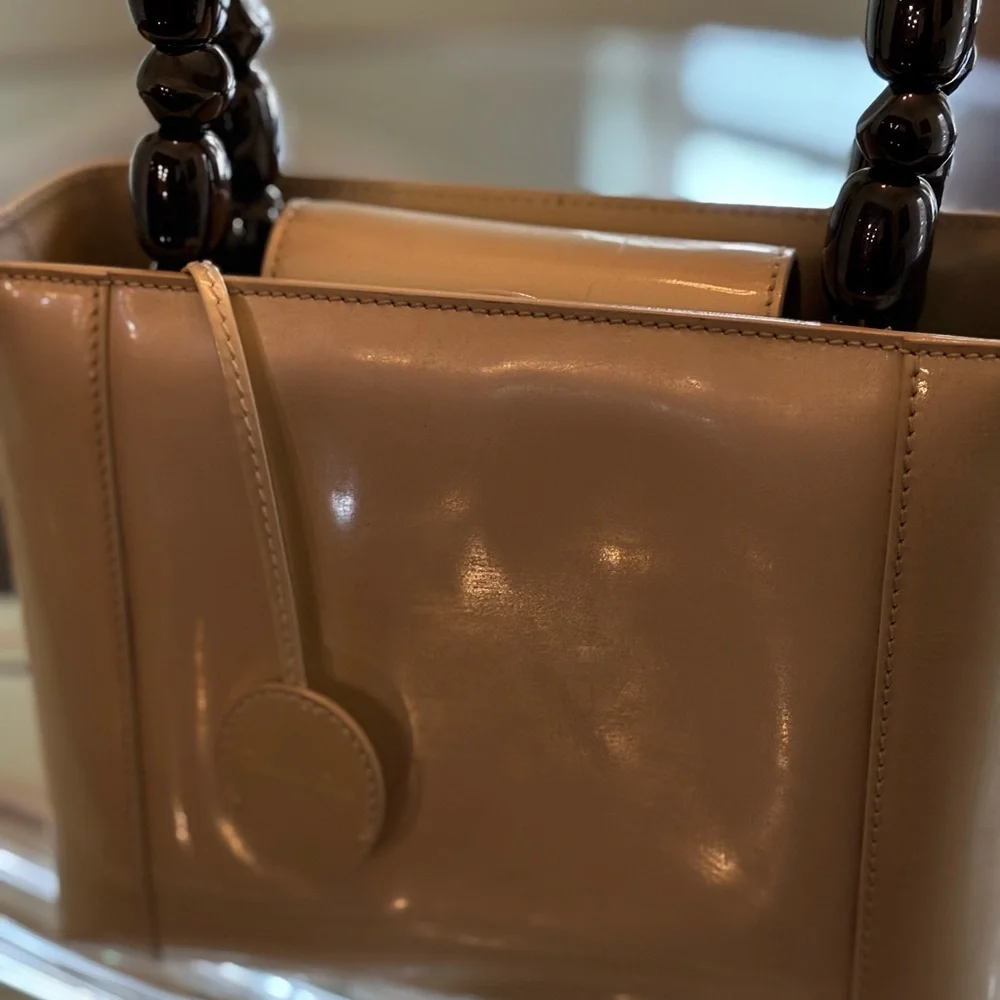 Polished Christian Dior Tan Patent Shoulder Bag with Glossy Bead Handles - Picture 13 of 13